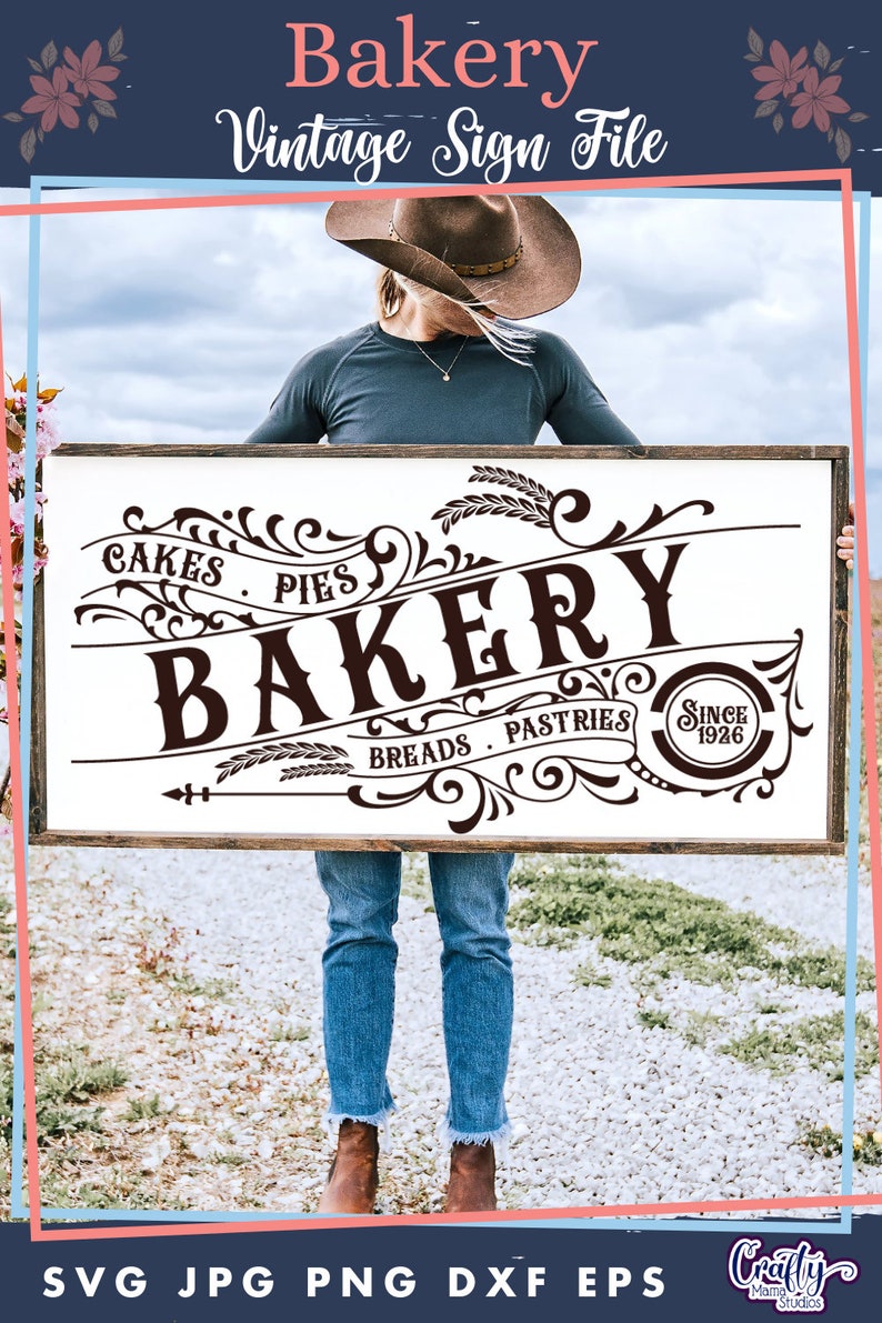 May include: A vintage-style sign for a bakery, featuring the word "Bakery" in a large, ornate font. The sign also includes the words "Cakes, Pies, Breads, Pastries" and "Since 1926".