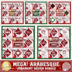 May include: A set of 64 digital Christmas ornament designs in an arabesque style. The designs feature various Christmas themes, including "Merry & Bright", "Jingle All The Way", "Believe", "Rejoice", "O Holy Night", and "Christmas With Jesus".