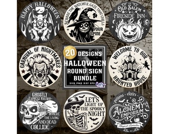 Puede incluir: Un conjunto de 20 diseños de letreros redondos de Halloween en blanco y negro. Los diseños presentan varios temas espeluznantes, que incluyen una gárgola, una bruja, una calabaza, un payaso, una casa encantada, un esqueleto y un tren. El texto en los letreros incluye frases como "Feliz Halloween", "Carnaval de pesadillas", "Old Salem", "Bienvenido a nuestra casa encantada", "Tren expreso fantasmal", "Encendemos la noche espeluznante" y "Emporio de alquimia".