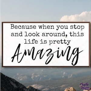 Puede incluir: Un letrero de madera blanco con moldura marr&oacute;n presenta el texto "Because when you stop and look around, this life is pretty Amazing".