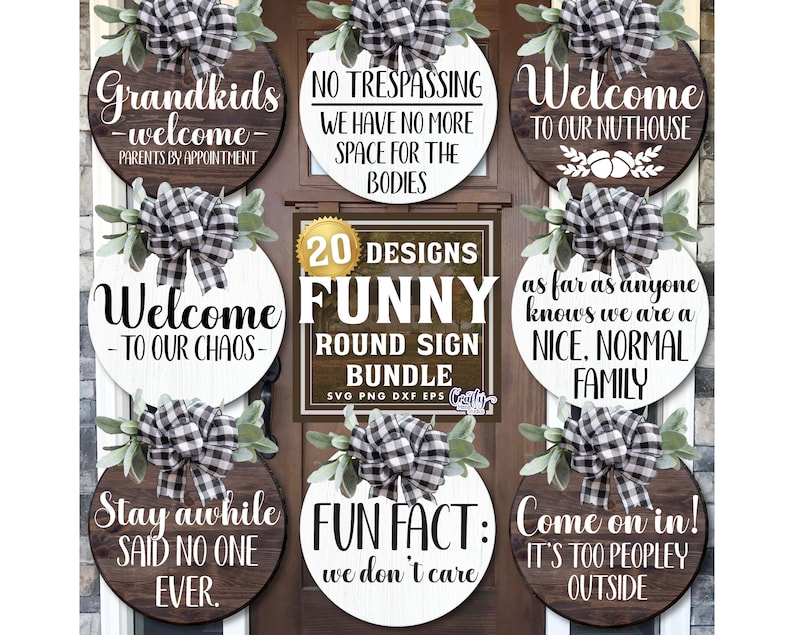 K&ouml;nnte beinhalten: Ein Set mit 20 lustigen runden Schilddesigns mit schwarz-wei&szlig;en Karob&auml;ndern. Die Schilder zeigen verschiedene Spr&uuml;che, darunter "Willkommen in unserem Chaos", "Fun Fact: Wir k&uuml;mmern uns nicht" und "Bleib eine Weile, hat noch nie jemand gesagt".
