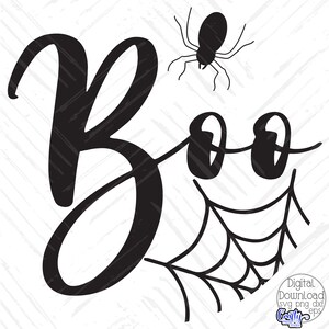 K&ouml;nnte beinhalten: Schwarzwei&szlig;es Grafikdesign des Wortes "Boo" mit einer Spinne und einem Spinnennetz.