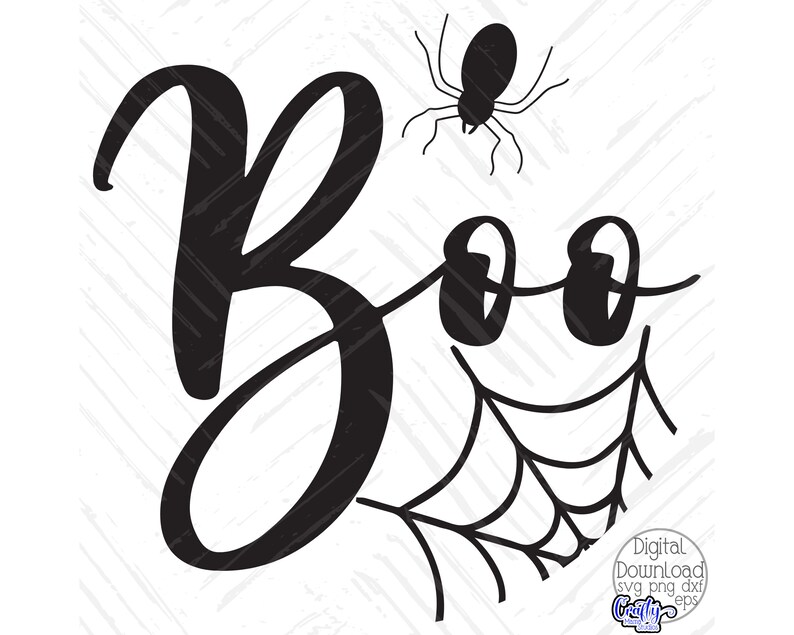 K&ouml;nnte beinhalten: Schwarzwei&szlig;es Grafikdesign des Wortes "Boo" mit einer Spinne und einem Spinnennetz.