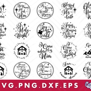 Op de afbeelding: Een set van 16 zwart-witte SVG-snijbestanden met kerstthema. De ontwerpen bevatten verschillende religieuze en seculiere kerstcitaten en -afbeeldingen, waaronder een kerststal, een ster en een berg.