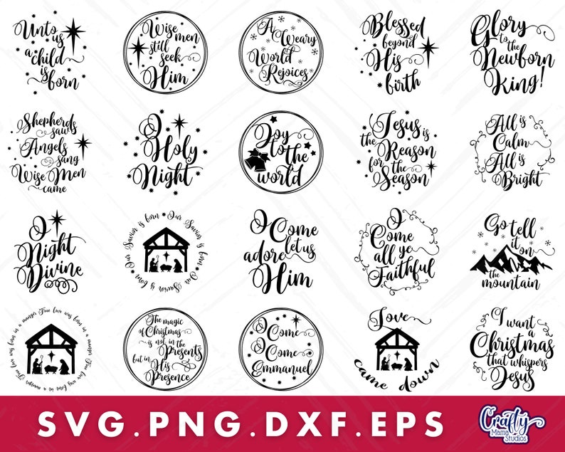 Op de afbeelding: Een set van 16 zwart-witte SVG-snijbestanden met kerstthema. De ontwerpen bevatten verschillende religieuze en seculiere kerstcitaten en -afbeeldingen, waaronder een kerststal, een ster en een berg.