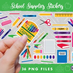 May include: A set of 36 school supply stickers featuring colorful crayons, pencils, scissors, a composition notebook, glue, and a ruler. The stickers are perfect for adding a fun and educational touch to school projects, notebooks, and more.