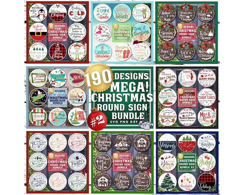Op de afbeelding: Een digitale download van 190 kerst-ronde-bordontwerpen. De ontwerpen bevatten een verscheidenheid aan feestelijke thema's, waaronder kerstman, sneeuwpoppen, rendieren en kerstboom. De ontwerpen zijn perfect om aangepaste borden te maken voor uw huis of bedrijf.