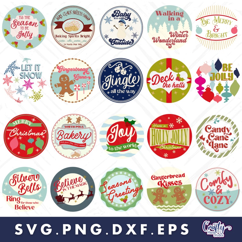 Op de afbeelding: Een set van 16 ronde, kerstthema-printbare cadeaulabels. De labels hebben verschillende feestontwerpen, waaronder gingerbread, snoepstokken, sneeuwvlokken en ornamenten. De labels zijn in verschillende kleuren, waaronder rood, groen, blauw en wit.