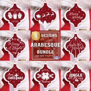 May include: A selection of eight arabesque-shaped Christmas decorations, each with a unique design and text. The ornaments are white with red detailing and feature festive phrases such as "Happy Holidays" and "Jingle all the way". The image also includes the text "8 Designs Arabesque Bundle".