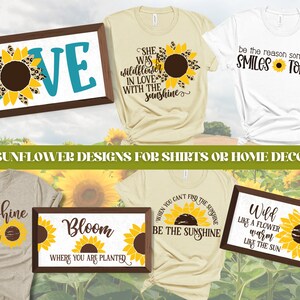 Peut inclure: 20 motifs de tournesol pour t-shirts ou d&eacute;coration d'int&eacute;rieur. Les motifs pr&eacute;sentent des tournesols avec diff&eacute;rentes citations, notamment "Elle &eacute;tait une fleur sauvage amoureuse du soleil", "Il y a du soleil dans mon &acirc;me", "Fleurissez l&agrave; o&ugrave; vous &ecirc;tes plant&eacute;s", "Quand vous ne trouvez pas le soleil, soyez le soleil", et "Sauvage comme une fleur chaude comme le soleil".