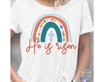 He Is Risen SVG, PNG, Boho Christian Svg, Christian Easter Svg, Jesus Svg, Cross Svg, Easter Rainbow Svg, Religious Svg, He Is Risen Png