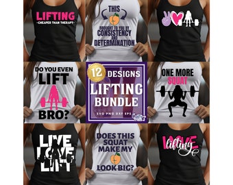 May include: A set of 12 designs for t-shirts featuring motivational quotes and images related to weightlifting. The designs include phrases like "Do you even lift bro?" and "One more squat".