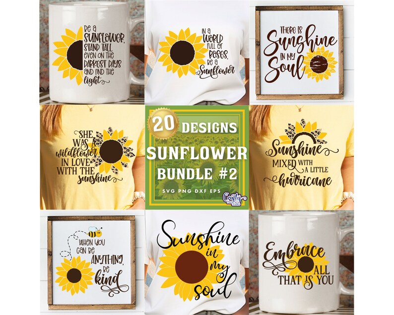 Peut inclure: Un lot de 20 designs num&eacute;riques sur le th&egrave;me du tournesol. Les designs pr&eacute;sentent diverses citations et dictons sur les tournesols, le soleil et l'amour. Les designs sont parfaits pour cr&eacute;er des t-shirts, des mugs, des sacs fourre-tout et d'autres objets artisanaux.