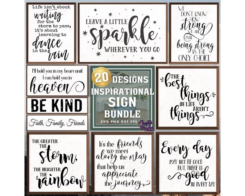 Puede incluir: Un conjunto de 20 dise&ntilde;os de letreros inspiradores en texto blanco y negro sobre un fondo blanco. Los letreros presentan citas como "La vida no se trata de esperar a que pase la tormenta, se trata de aprender a bailar bajo la lluvia", "Deja un poco de brillo dondequiera que vayas", "Te guardar&eacute; en mi coraz&oacute;n hasta que pueda tenerte en el cielo", "S&eacute; amable", "Cuanto m&aacute;s grande es la tormenta, m&aacute;s brillante es el arco&iacute;ris", "No sabemos cu&aacute;n fuertes somos hasta que ser fuerte es la &uacute;nica opci&oacute;n", "Las mejores cosas de la vida no son cosas", "Son los amigos que encontramos en el camino los que nos ayudan a apreciar el viaje", y "Cada d&iacute;a puede que no sea bueno, pero hay algo bueno en cada d&iacute;a".