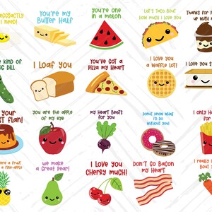 May include: A set of 16 printable food-themed Valentine's Day cards with cute illustrations and puns. The cards feature various foods like eggs, butter, watermelon, tacos, pudding, pickles, bread, pizza, waffles, s'mores, flan, apples, beets, donuts, fries, pineapples, pears, cherries, and bacon.