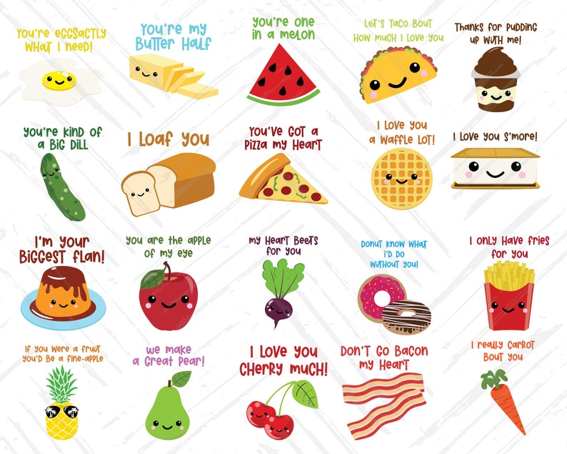 May include: A set of 16 printable food-themed Valentine's Day cards with cute illustrations and puns. The cards feature various foods like eggs, butter, watermelon, tacos, pudding, pickles, bread, pizza, waffles, s'mores, flan, apples, beets, donuts, fries, pineapples, pears, cherries, and bacon.