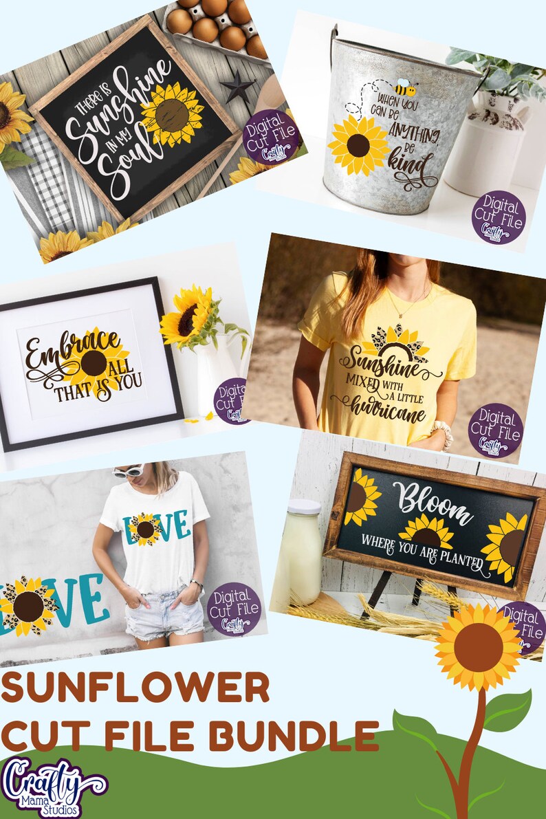 Peut inclure: Un lot de fichiers de d&eacute;coupe num&eacute;rique avec des motifs de tournesols. Le lot comprend des motifs pour t-shirts, pancartes et autres travaux manuels. Les motifs pr&eacute;sentent des tournesols avec diff&eacute;rentes citations, notamment "Sunshine in my soul", "Embrace all that is you", "Love", "When you can be anything be kind", "Sunshine mixed with a little hurricane", et "Bloom where you are planted".