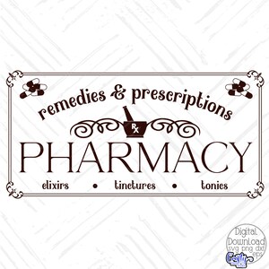 May include: A brown and white sign with the text "remedies & prescriptions PHARMACY elixirs tinctures tonics" and a mortar and pestle with an Rx symbol.