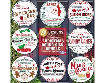 May include: A set of 20 vintage Christmas round sign designs in SVG, PNG, DXF, and EPS formats. The signs feature various Christmas themes, including Santa's Christmas Market, Old Fashioned Hot Cocoa Bar, Kris Kringle's Christmas Tree Farm, Mrs. Claus' Special Candy Canes, North Pole Trading Company, and North Pole Milk & Cookie Co.