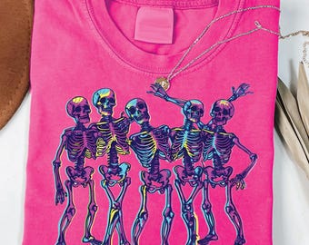 Esqueletos de neón PNG, Halloween neón PNG, Camiseta de Halloween neón PNG, Calavera de Halloween PNG, Espeluznante PNG, Sublimación de calavera de Halloween