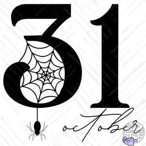 Pode incluir: Design gr&aacute;fico preto e branco dos n&uacute;meros 31 com uma teia de aranha e uma aranha pendurada no 3. O texto "Outubro" est&aacute; escrito em it&aacute;lico abaixo dos n&uacute;meros.