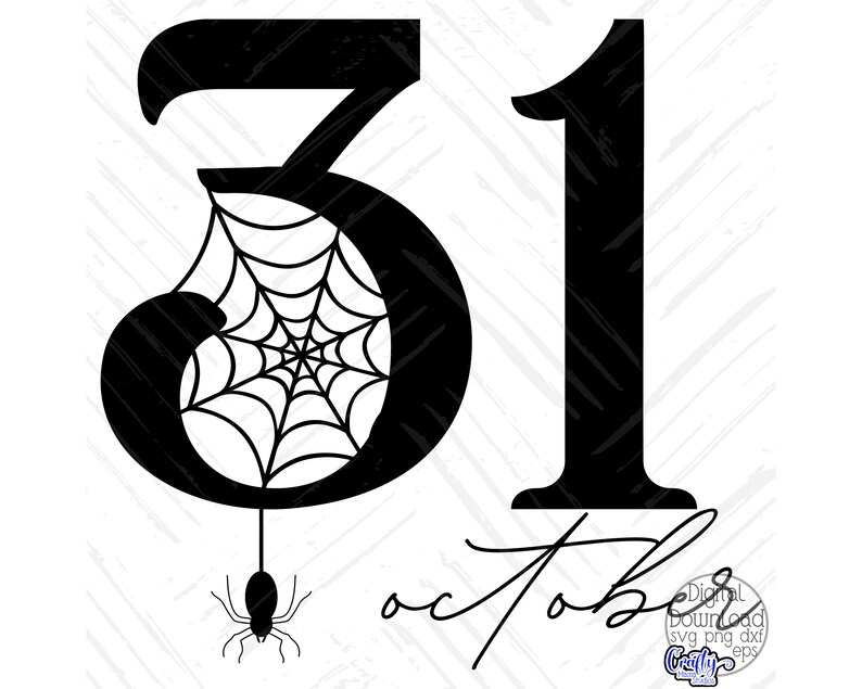 Pode incluir: Design gr&aacute;fico preto e branco dos n&uacute;meros 31 com uma teia de aranha e uma aranha pendurada no 3. O texto "Outubro" est&aacute; escrito em it&aacute;lico abaixo dos n&uacute;meros.