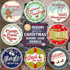 Op de afbeelding: Een set van 20 retro ronde kerstbordontwerpen in verschillende kleuren en stijlen. De borden bevatten feestelijke zinnen zoals "Gingerbread Lane", "Candy Cane Lane", "Seasons Greetings", "Walking in a Winter Wonderland", "Have a Holly Jolly Christmas", "Jingle All the Way", "Deck the Halls" en "Believe in the Magic".