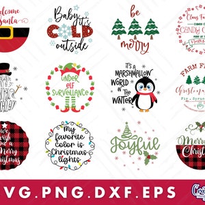 Op de afbeelding: Een set van 10 kerstthema SVG-snijbestanden met verschillende ontwerpen, waaronder een sneeuwpop, een pingu&iuml;n, een kerstboom en een kerstmanmuts. De ontwerpen zijn perfect voor het maken van feestelijke knutselwerken, decoraties en geschenken.