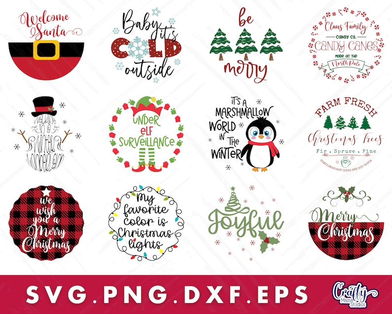 Op de afbeelding: Een set van 10 kerstthema SVG-snijbestanden met verschillende ontwerpen, waaronder een sneeuwpop, een pingu&iuml;n, een kerstboom en een kerstmanmuts. De ontwerpen zijn perfect voor het maken van feestelijke knutselwerken, decoraties en geschenken.