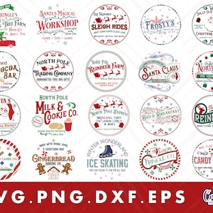 Op de afbeelding: Een set van 16 ronde SVG-snijbestanden met kerstthema met verschillende ontwerpen, waaronder de kerstman, rendieren, peperkoek en een kerstboomkwekerij. De ontwerpen zijn in rood, groen en wit met een vintage stijl.