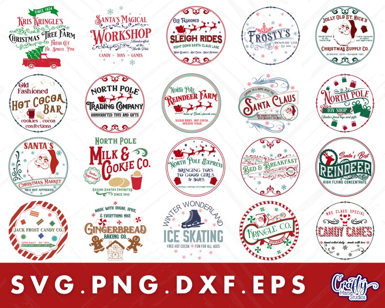 Op de afbeelding: Een set van 16 ronde SVG-snijbestanden met kerstthema met verschillende ontwerpen, waaronder de kerstman, rendieren, peperkoek en een kerstboomkwekerij. De ontwerpen zijn in rood, groen en wit met een vintage stijl.