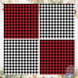 May include: Four digital paper patterns featuring a red and black buffalo plaid design. The patterns are arranged in a grid with two red and black patterns on the top and two black and white patterns on the bottom.