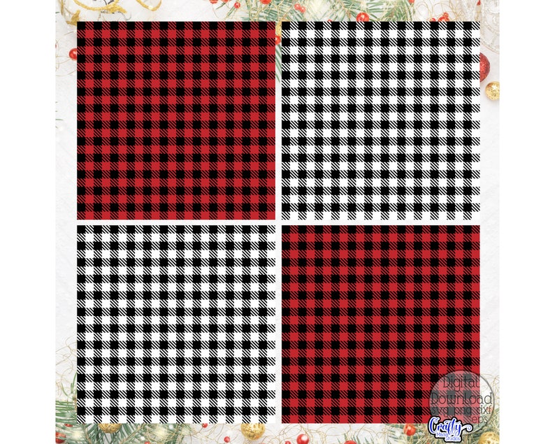 May include: Four digital paper patterns featuring a red and black buffalo plaid design. The patterns are arranged in a grid with two red and black patterns on the top and two black and white patterns on the bottom.