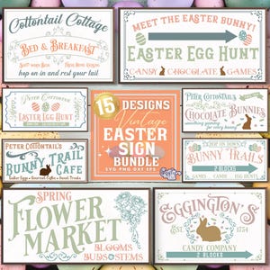 May include: A set of 15 vintage Easter sign designs in SVG, PNG, DXF, and EPS formats. The signs feature various Easter-themed designs, including bunnies, eggs, and flowers. The signs are perfect for creating personalized Easter decorations.