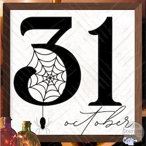 Pode incluir: Design gr&aacute;fico em preto e branco dos n&uacute;meros 31 com uma teia de aranha e uma aranha pendurada no 3. O texto "outubro" est&aacute; escrito em it&aacute;lico abaixo dos n&uacute;meros.