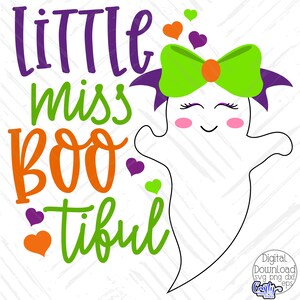 May include: A white ghost with a green bow and purple wings. The ghost has a happy face with pink cheeks. The text "little miss boo tiful" is written in purple, green, and orange letters.