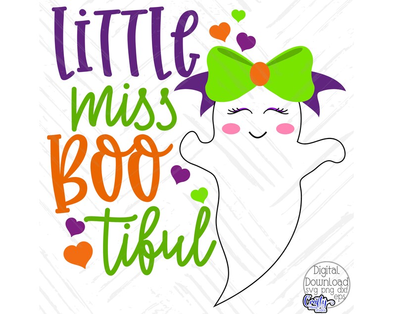 May include: A white ghost with a green bow and purple wings. The ghost has a happy face with pink cheeks. The text "little miss boo tiful" is written in purple, green, and orange letters.