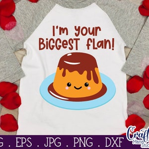May include: White t-shirt with a grey sleeve, featuring a cartoon flan with a chocolate topping and the text "I'm your biggest flan!"