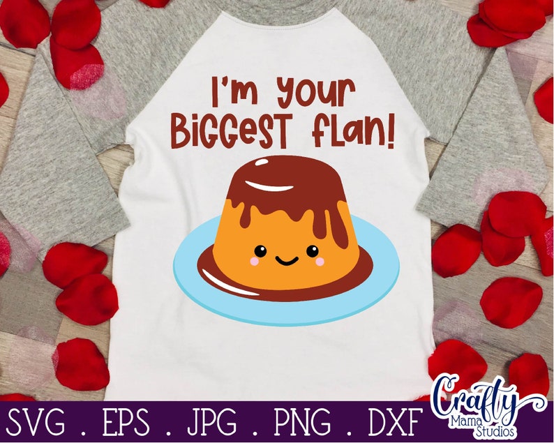 May include: White t-shirt with a grey sleeve, featuring a cartoon flan with a chocolate topping and the text "I'm your biggest flan!"