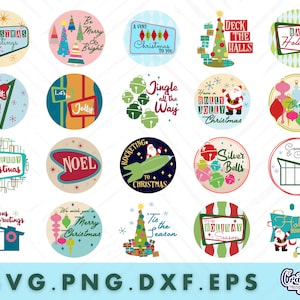 Op de afbeelding: Een set van 20 retro-stijl kerstcirkelontwerpen met verschillende feestthema's, waaronder "Merry Christmas", "Jingle All the Way", "Deck the Halls" en "Happy Holidays". De ontwerpen zijn in verschillende kleuren, waaronder rood, groen, blauw en wit.