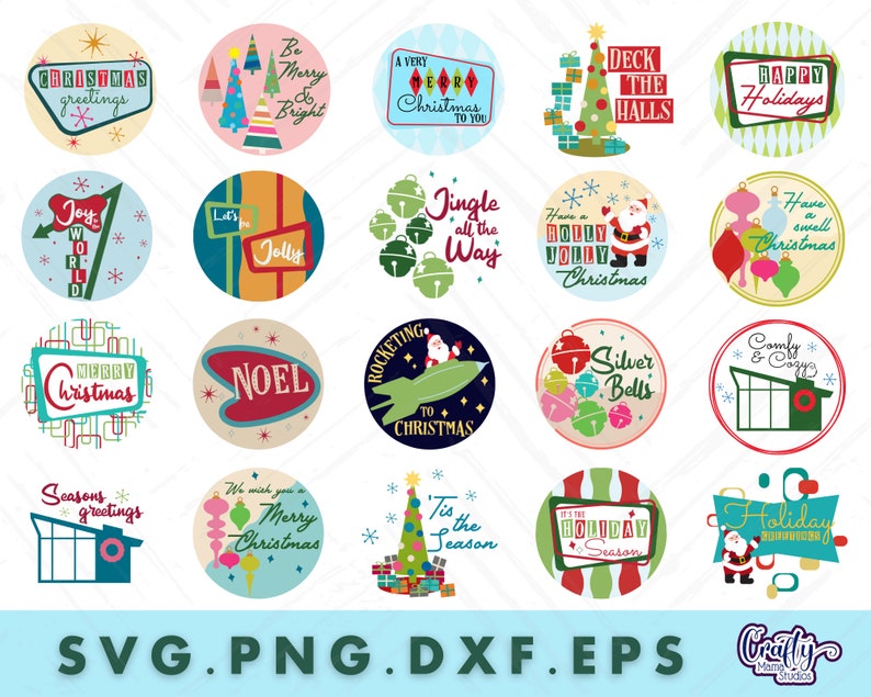 Op de afbeelding: Een set van 20 retro-stijl kerstcirkelontwerpen met verschillende feestthema's, waaronder "Merry Christmas", "Jingle All the Way", "Deck the Halls" en "Happy Holidays". De ontwerpen zijn in verschillende kleuren, waaronder rood, groen, blauw en wit.