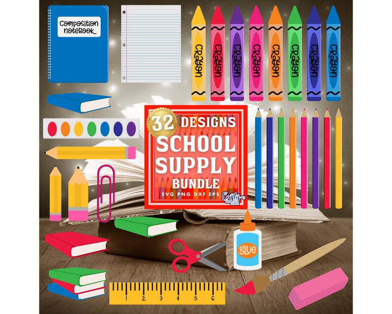May include: A set of 32 school supply designs in SVG, PNG, DXF, and EPS formats. The designs include a composition notebook, crayons, pencils, a ruler, scissors, glue, a paintbrush, an eraser, and a watercolor palette.
