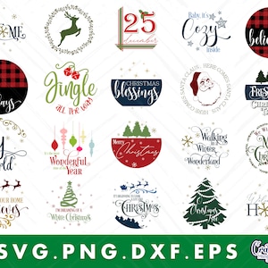 Op de afbeelding: Een set van 16 kerstthema SVG-snijbestanden. De ontwerpen bevatten zinnen zoals "Welkom", "Prettige Kerstdagen", "Jingle All The Way", "Kerstzegen", "Vers gekapte Kerstbomen", "Vreugde voor de Wereld", "Het is de mooiste tijd van het jaar", "Prettige Kerstdagen", "Wandelen in een Winter Wonderland", "We wensen je een vrolijk kerstfeest", "Ons huis gelooft", "Ik droom van een witte kerst", "Het begint eruit te zien als kerst", "Kerstboom", "Welkom thuis", en "Gezellig binnen".