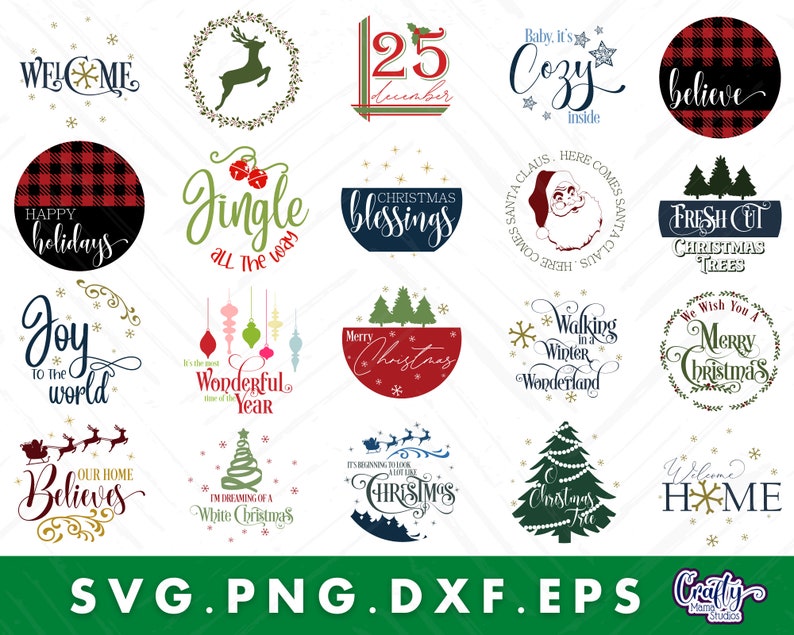 Op de afbeelding: Een set van 16 kerstthema SVG-snijbestanden. De ontwerpen bevatten zinnen zoals "Welkom", "Prettige Kerstdagen", "Jingle All The Way", "Kerstzegen", "Vers gekapte Kerstbomen", "Vreugde voor de Wereld", "Het is de mooiste tijd van het jaar", "Prettige Kerstdagen", "Wandelen in een Winter Wonderland", "We wensen je een vrolijk kerstfeest", "Ons huis gelooft", "Ik droom van een witte kerst", "Het begint eruit te zien als kerst", "Kerstboom", "Welkom thuis", en "Gezellig binnen".