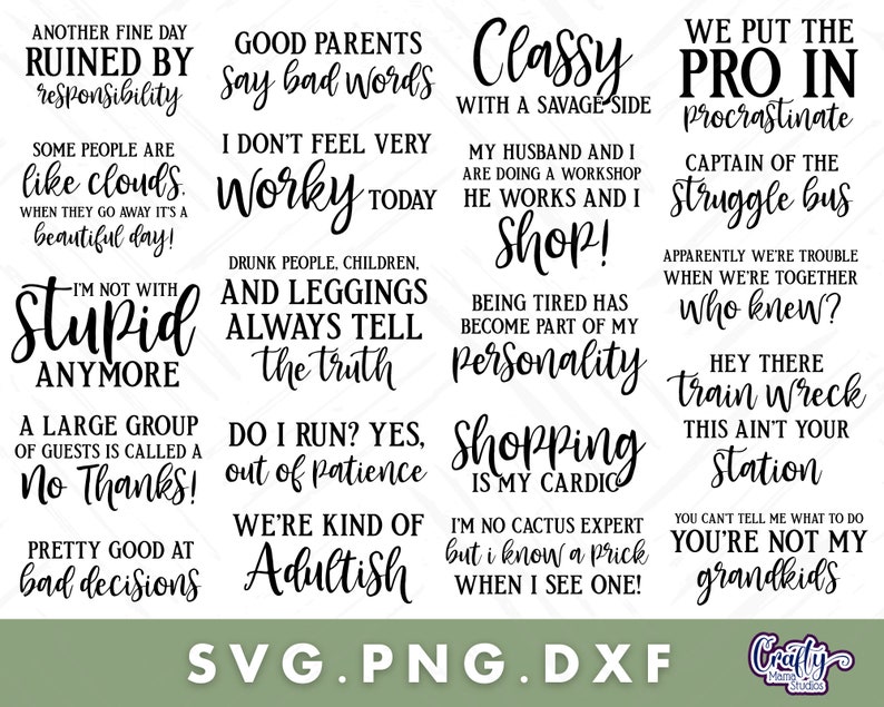 May include: A black and white image with 16 different humorous sayings. The sayings are in a handwritten font and are arranged in a grid pattern. Some of the sayings include "Another fine day ruined by responsibility", "Good parents say bad words", "I'm not with stupid anymore", "We put the pro in procrastinate", "Captain of the struggle bus", "Being tired has become part of my personality", "Shopping is my cardio", "You can't tell me what to do, you're not my grandkids".