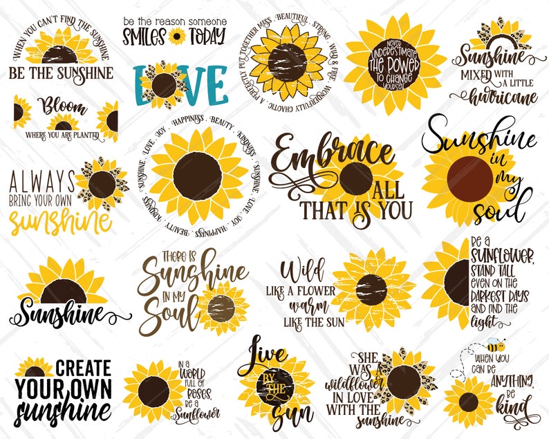 Peut inclure: Une collection de 15 images num&eacute;riques de clipart sur le th&egrave;me du tournesol avec des citations inspirantes. Les citations incluent "Soyez le soleil", "Apportez toujours votre propre soleil", "Le soleil dans mon &acirc;me", "Sauvage comme une fleur chaude comme le soleil", "Elle &eacute;tait une fleur sauvage amoureuse du soleil", "Cr&eacute;ez votre propre soleil", "Embrassez tout ce que vous &ecirc;tes", "Soleil m&eacute;lang&eacute; &agrave; un peu d'ouragan", "Soleil dans mon &acirc;me", "Soyez un tournesol, tenez-vous grand m&ecirc;me les jours les plus sombres et trouvez la lumi&egrave;re", "Quand vous pouvez &ecirc;tre n'importe quoi, soyez gentil", "Ne sous-estimez jamais le pouvoir de changer le monde", "Dans un monde plein de roses, soyez un tournesol", "Vivez au soleil".