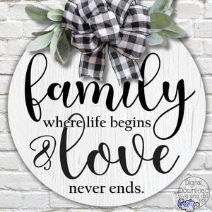 Famille où la vie commence et l'amour ne finit jamais Svg, Svg ferme, signe rond Svg, fichiers Svg pour Cricut, accroche-porte ferme Svg, Svg famille
