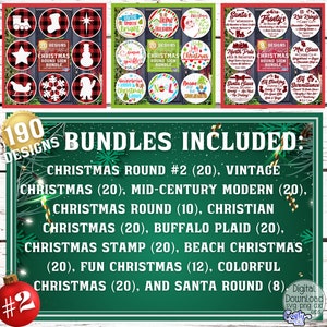 Op de afbeelding: Een groen en wit bord met de tekst "190 DESIGNS BUNDLES INCLUDED" en een lijst met kerstthema-ontwerpbundels. De bundels omvatten vintage, mid-century modern, ronde, christelijke, buffalo plaid, stempel, strand, leuke, kleurrijke en Santa round-ontwerpen.