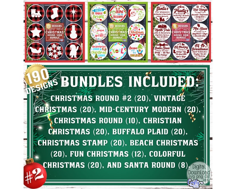 Op de afbeelding: Een groen en wit bord met de tekst "190 DESIGNS BUNDLES INCLUDED" en een lijst met kerstthema-ontwerpbundels. De bundels omvatten vintage, mid-century modern, ronde, christelijke, buffalo plaid, stempel, strand, leuke, kleurrijke en Santa round-ontwerpen.