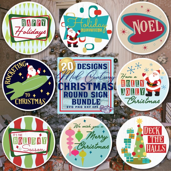 Merry Christmas Svg Bundle, Retro Christmas Sign Svg, Mid Century Modern Christmas Door Hanger Svg, Christmas Door Sign Svg, Round Sign Svg